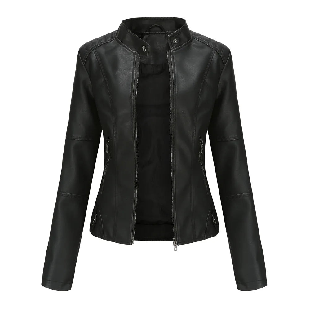 Blouson en cuir slim pour femme avec col montant, style motard, fermeture éclair noire, idéal pour l'extérieur en automne