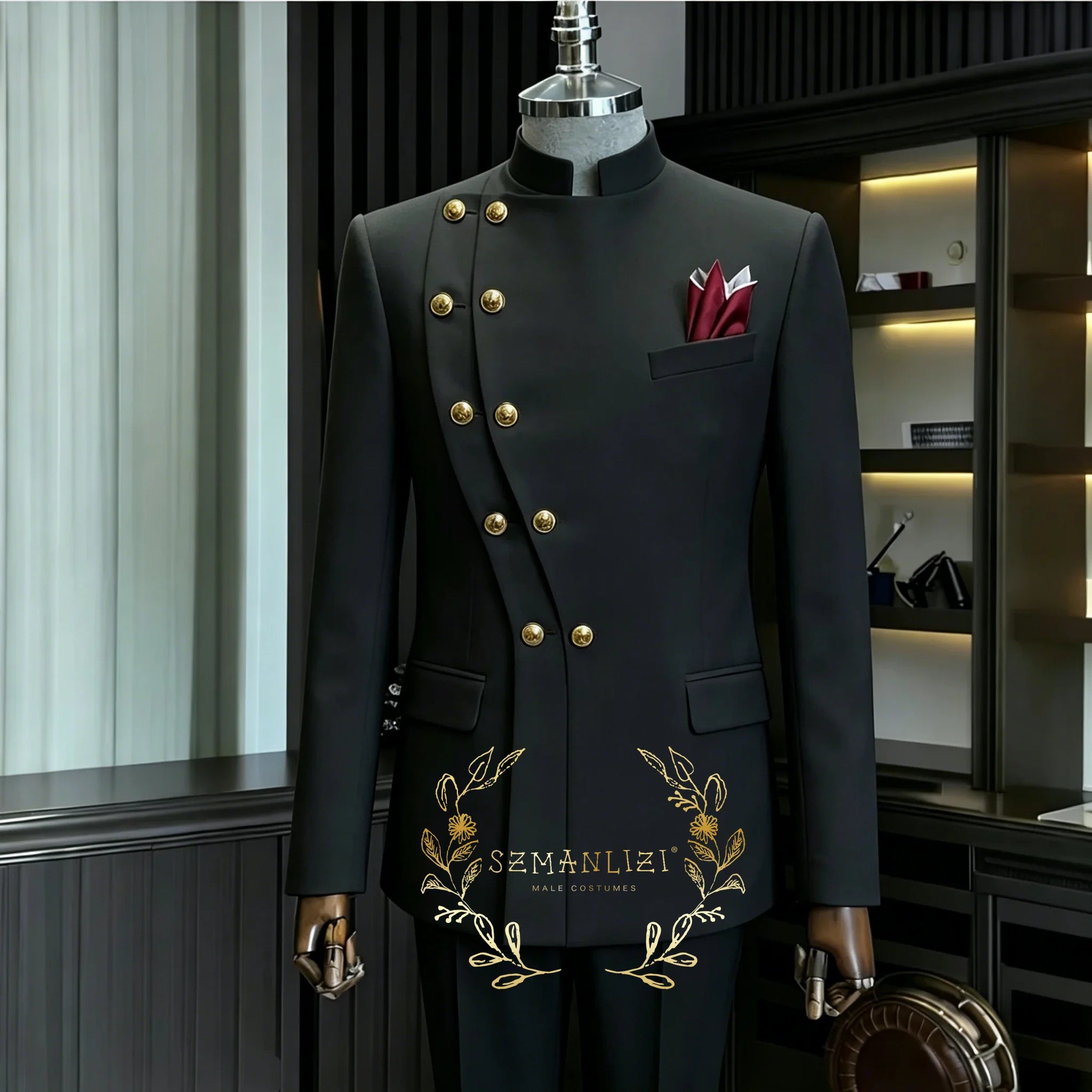 Costume de Mariage Homme Bleu Marine Croisé à Double Boutonnage Col Montant – 2 Pièces (Blazer + Pantalon) – Idéal pour le Marié ou le Garçon d'Honneur