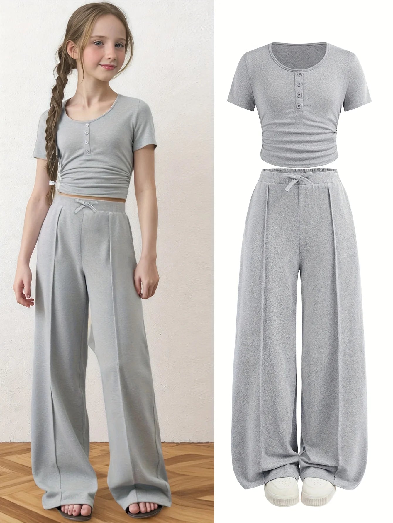 Ensemble décontracté à manches courtes pour filles : tenue d'été pour filles, t-shirt décontracté à col rond de couleur unie avec boutons décoratifs et pantalon ample à jambes droites, ensemble 2 pièces adapté aux