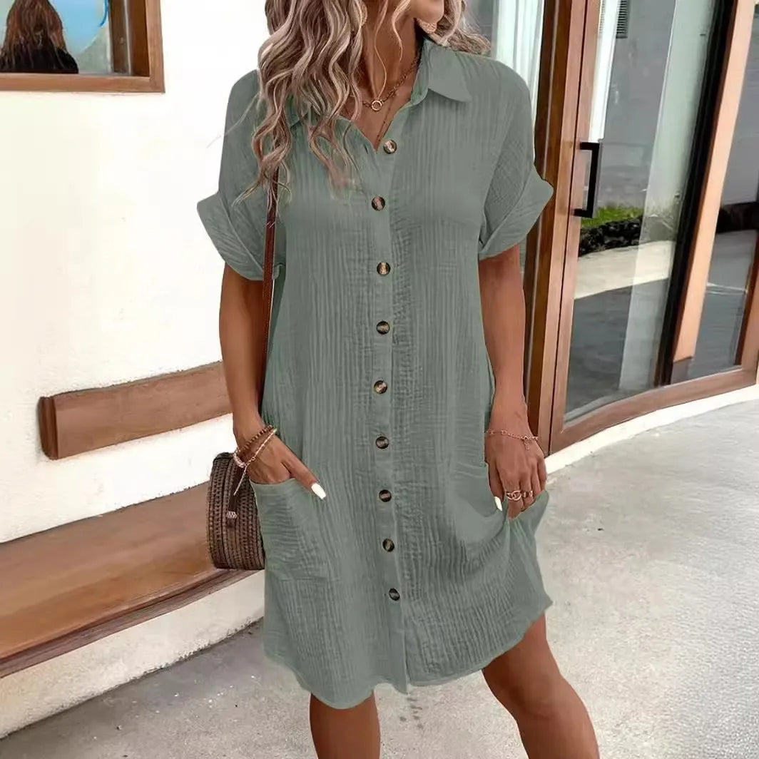 Robe ample à la mode pour femmes, simple boutonnage, manches Raglan, avec poche, tunique d'été, chemise courte, robe de bureau