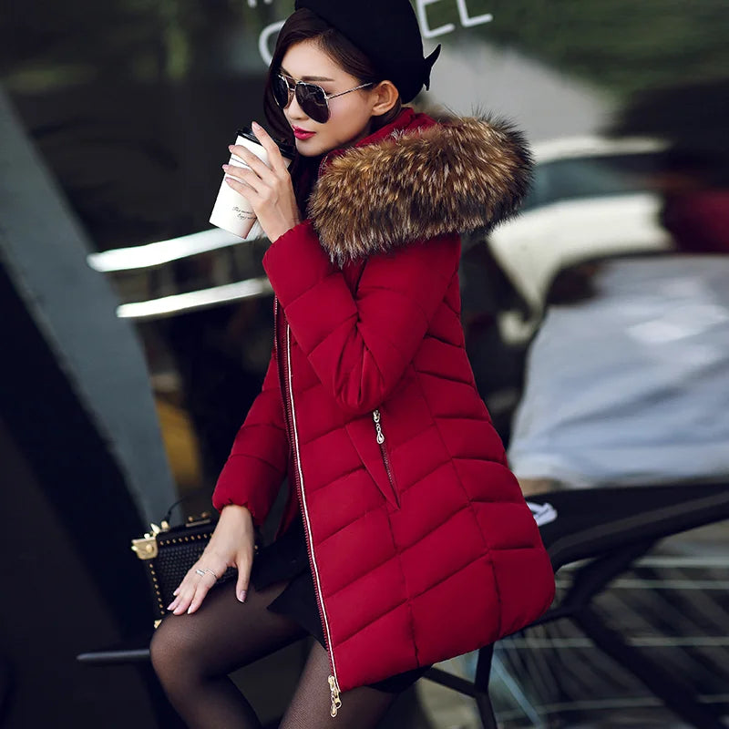 Veste d'hiver en coton épais pour femme, mi-longue, avec grand col en fourrure, style coréen, coupe ajustée, grande taille, vêtement d'extérieur