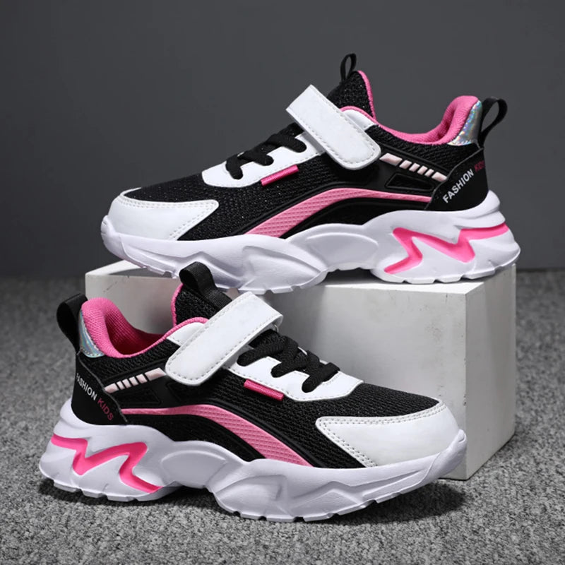 Superbes baskets roses pour filles, respirantes, en maille, plates, pour le sport, chaussures décontractées pour enfants, pour l'école, la marche, antidérapantes