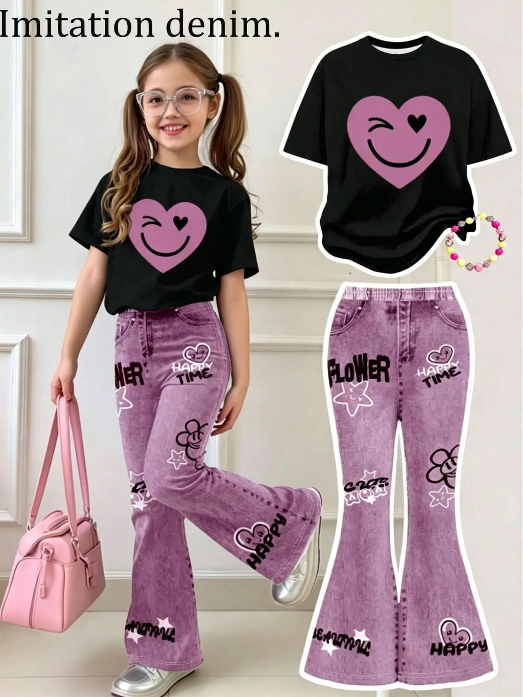 Tenue d'été décontractée pour filles : haut noir à manches courtes avec imprimé visage souriant + pantalon évasé violet avec imprimé anglais, ensemble deux pièces adapté aux enfants de 3 ans et plus, vêtements pol