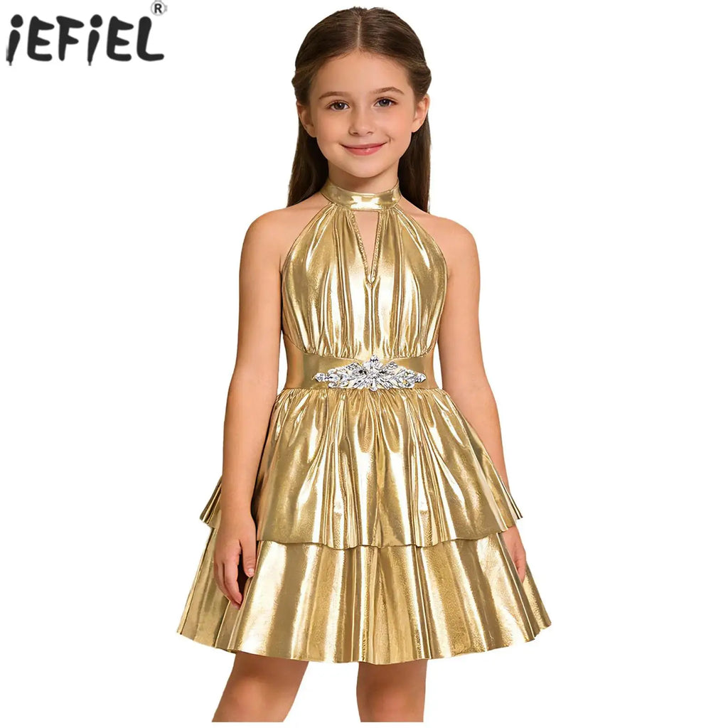 Robe de soirée métallique brillante pour enfants filles, dos nu, sans manches, strass, ourlet à plusieurs niveaux, robe trapèze, robe de bal de concours d'anniversaire