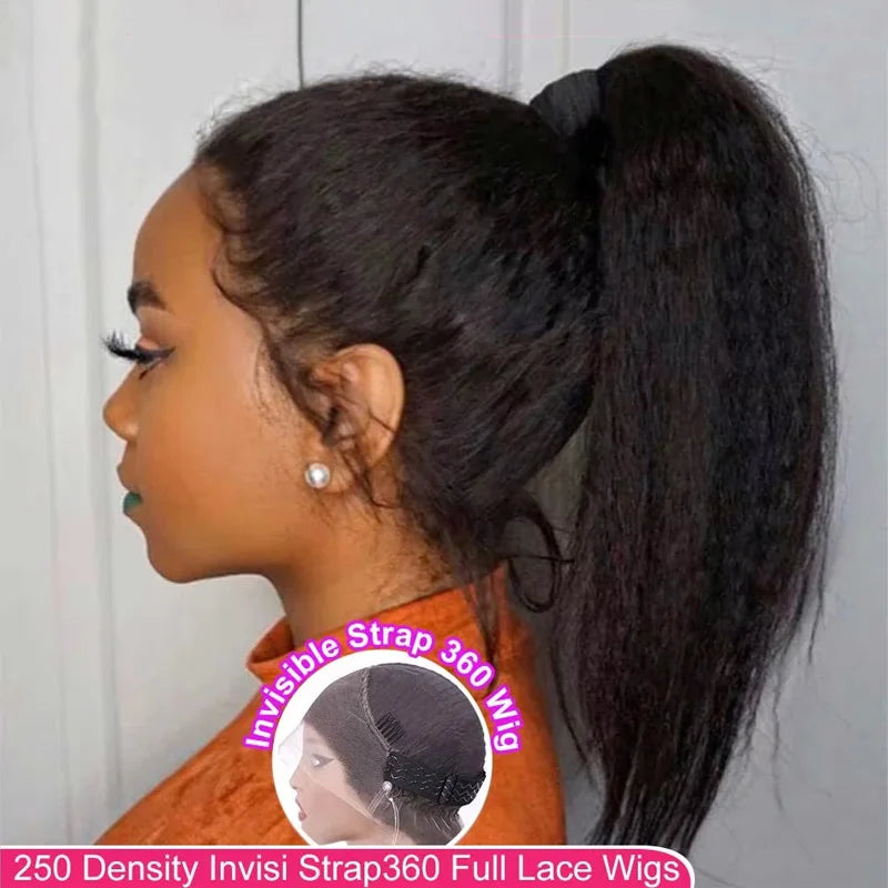 Perruque Lace Frontal Wig naturelle Yaki lisse, cheveux crépus, sans colle, avec sangle Invisible, 360 HD