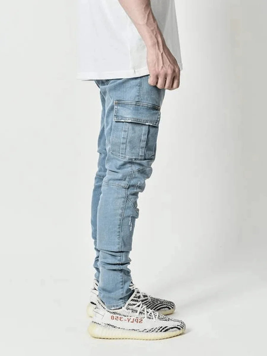 Nouveau jean hommes pantalon lavage couleur unie Multi poches Denim taille moyenne Cargo jean grande taille mode pantalon décontracté mâle usage quotidien