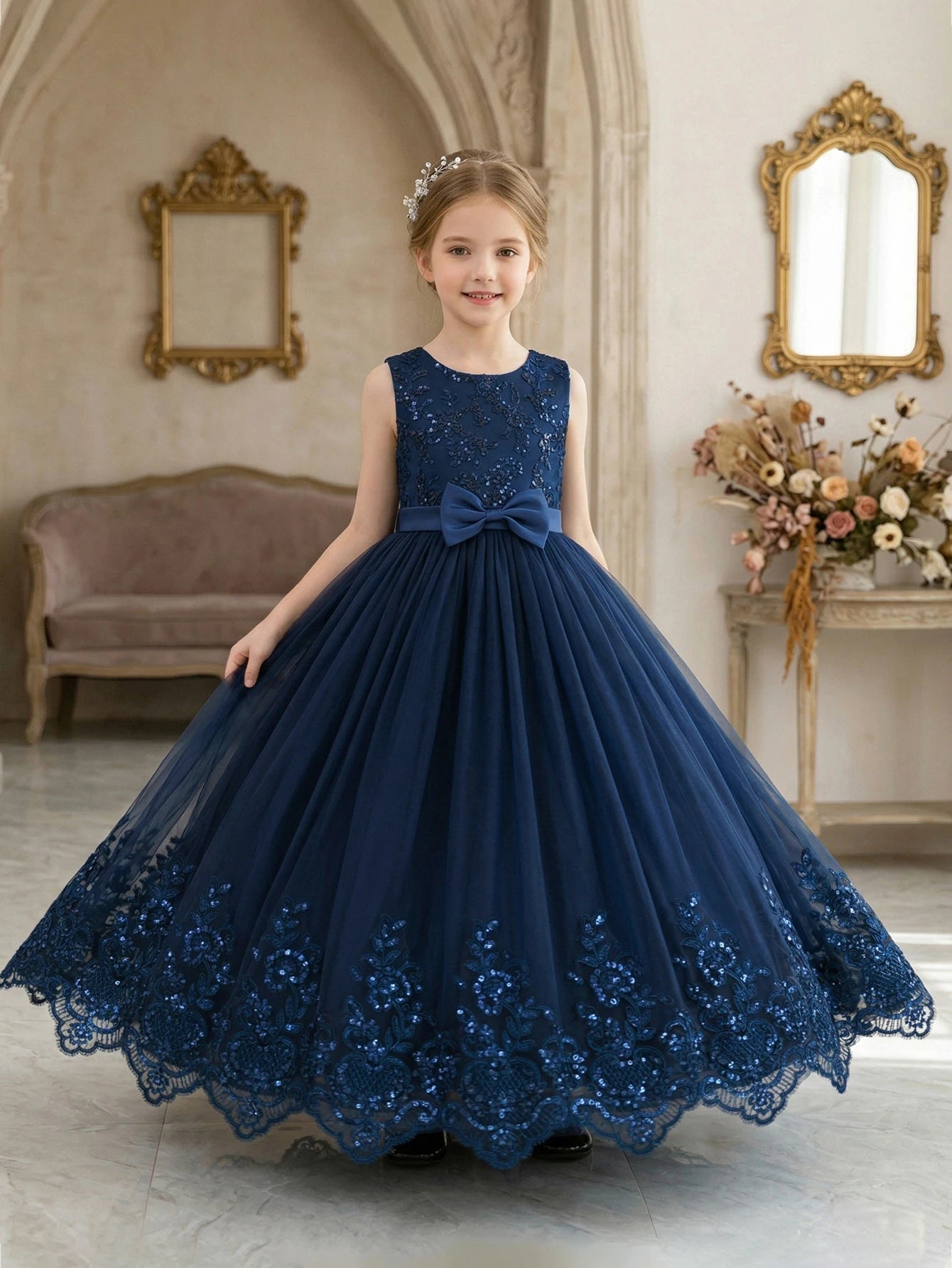 Robe de soirée élégante pour fille adolescente, bleu royal, dentelle brodée, sequins, sans manches, avec filet bouffant pour fête, banquet