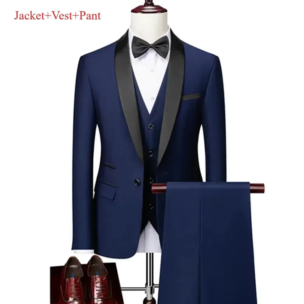 Ensemble de costume noir à revers pour hommes, manteau, gilet, pantalon/affaires pour garçons d'honneur, robe de mariée, pantalon Blazer Fprmal