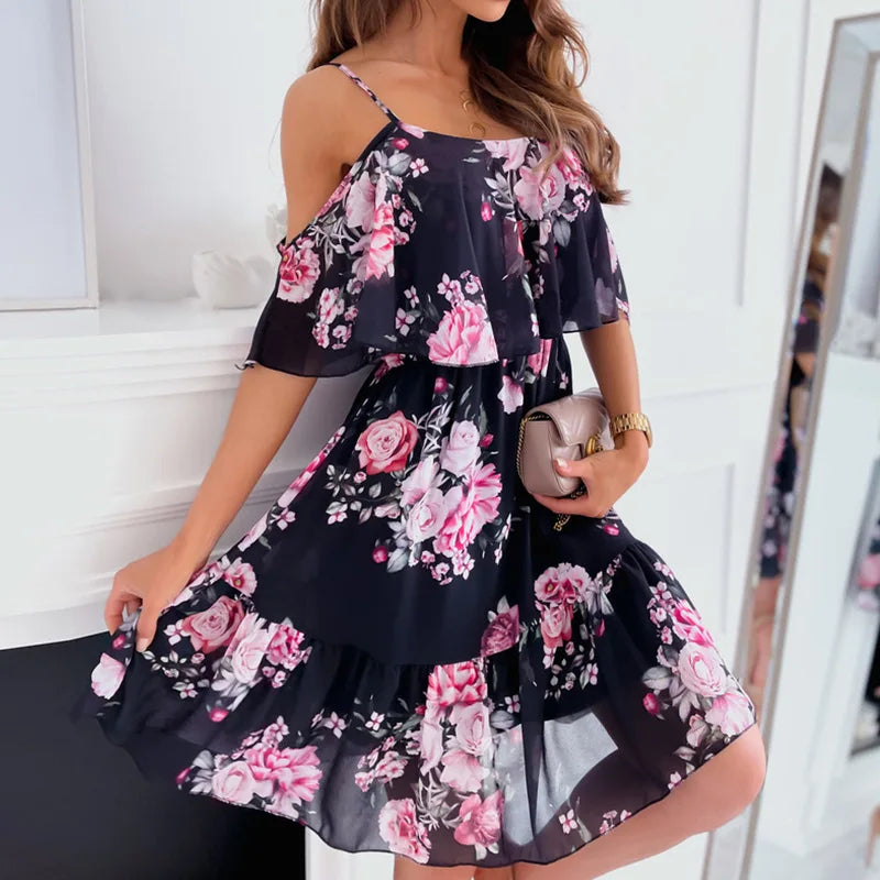 Femme robe 2025 été imprimé fleuri Sexy Spaghetti sangle hors épaule robe décontracté dames vacances plage Boho robes robes