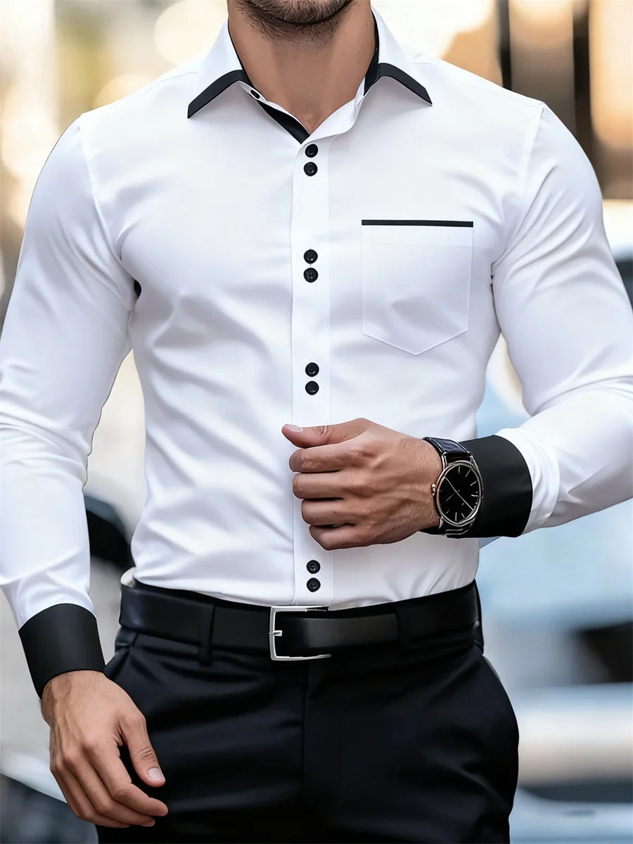 Chemise à manches longues à col bloc de couleur pour hommes d'affaires, coupe ajustée, sans plis, chemise Patchwork noir et blanc, haut tendance pour hommes