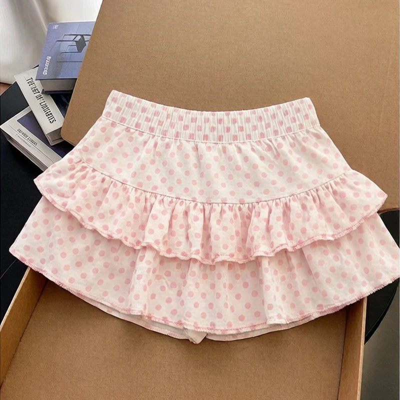 Jupe à pois rose style Harajuku douce et fraîche, double volant, coupe trapèze, polyvalente et basique pour jeune fille.