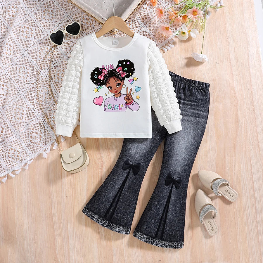 Ensemble de mode pour filles, avec col rond blanc, imprimé de dessin animé, manches longues et pantalon amincissant de couleur unie, deux pièces, printemps et automne