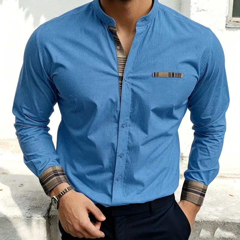 Chemise blanche à col montant pour homme, nouvelle collection, avec coutures à carreaux rétro, texture légère et luxueuse, haut à manches longues style business casual, tailles XS-6XL