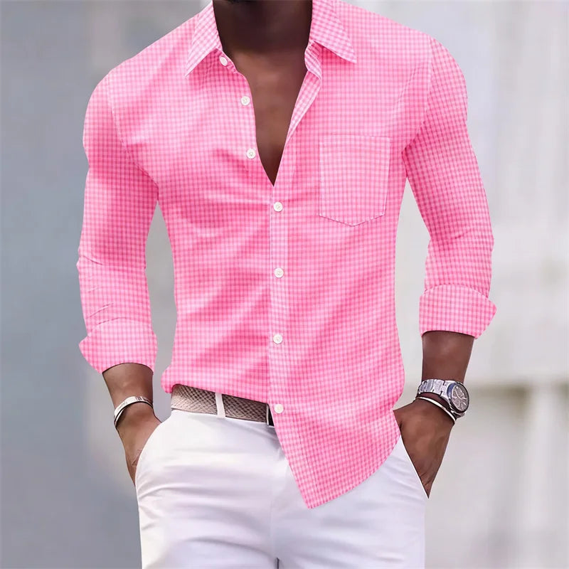 Chemise pour hommes 13 couleurs, chemise à manches longues à carreaux bleu clair et blanc, haut pour hommes coupe slim, décontracté, d'affaires et de déplacement.