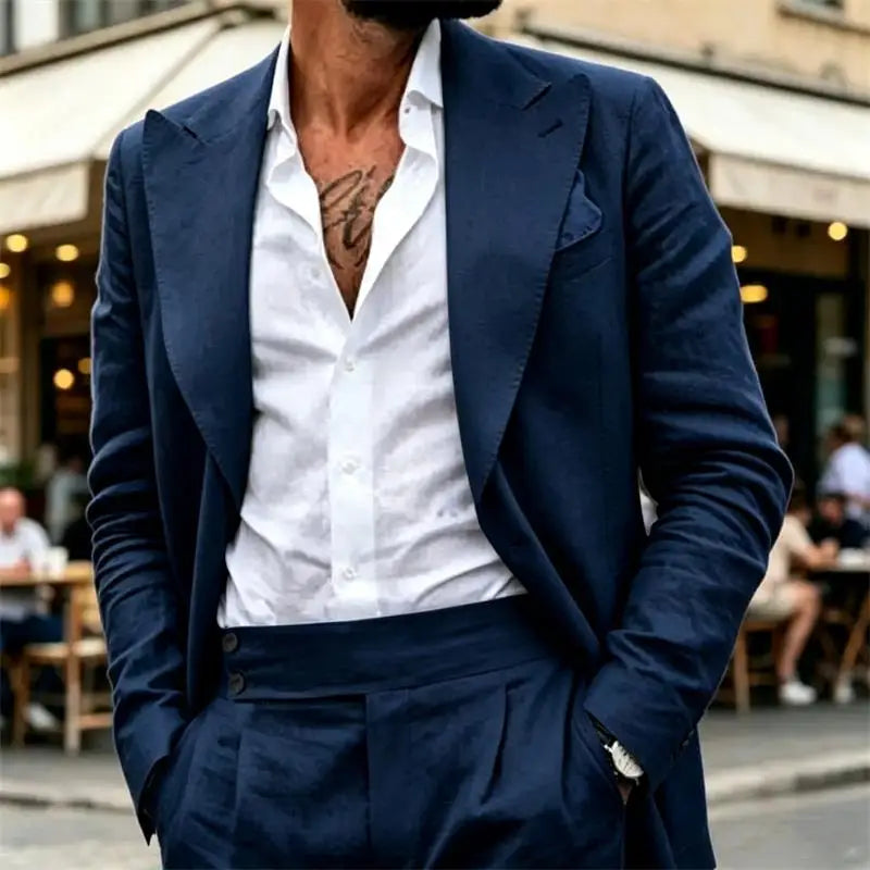 Ensemble de costume en lin 2 pièces pour homme – Coupe ajustée décontractée légère pour l'été – Blazer et pantalon pour la plage, mariage, bal de promo, soirée