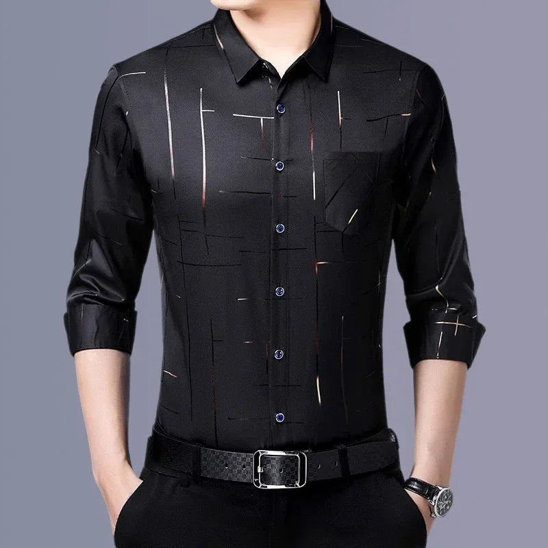 Chemise imprimée à manches longues pour hommes, haut d'affaires décontracté et à la mode, sans repassage et résistant aux rides