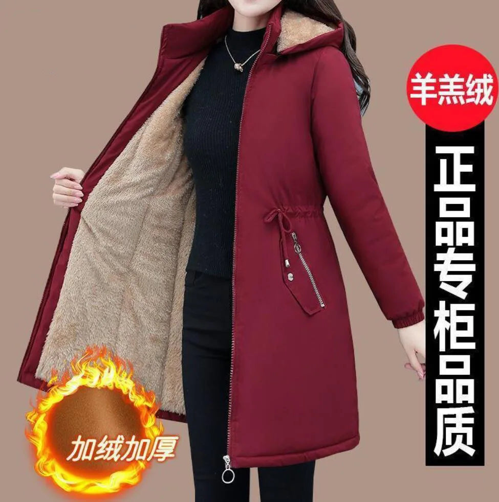 Pardessus à capuche pour femme, veste longue rembourrée, épais et chaud, en velours, style coréen décontracté, en coton, 4XL, nouvelle collection