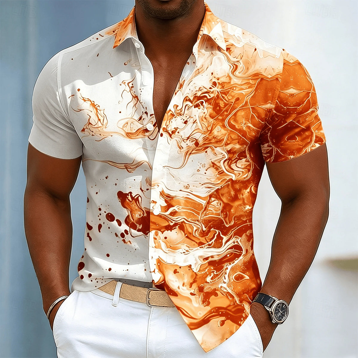 Chemise à manches courtes pour homme avec imprimé encre tourbillonnante, motif abstrait fluide décontracté à boutons pour le printemps et l'été
