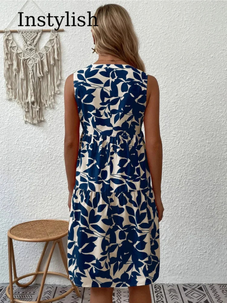 Femmes Boho imprimé Mini robe été élégant sans manches col en V à volants une ligne débardeur décontracté ample surdimensionné plage fête robe d'été