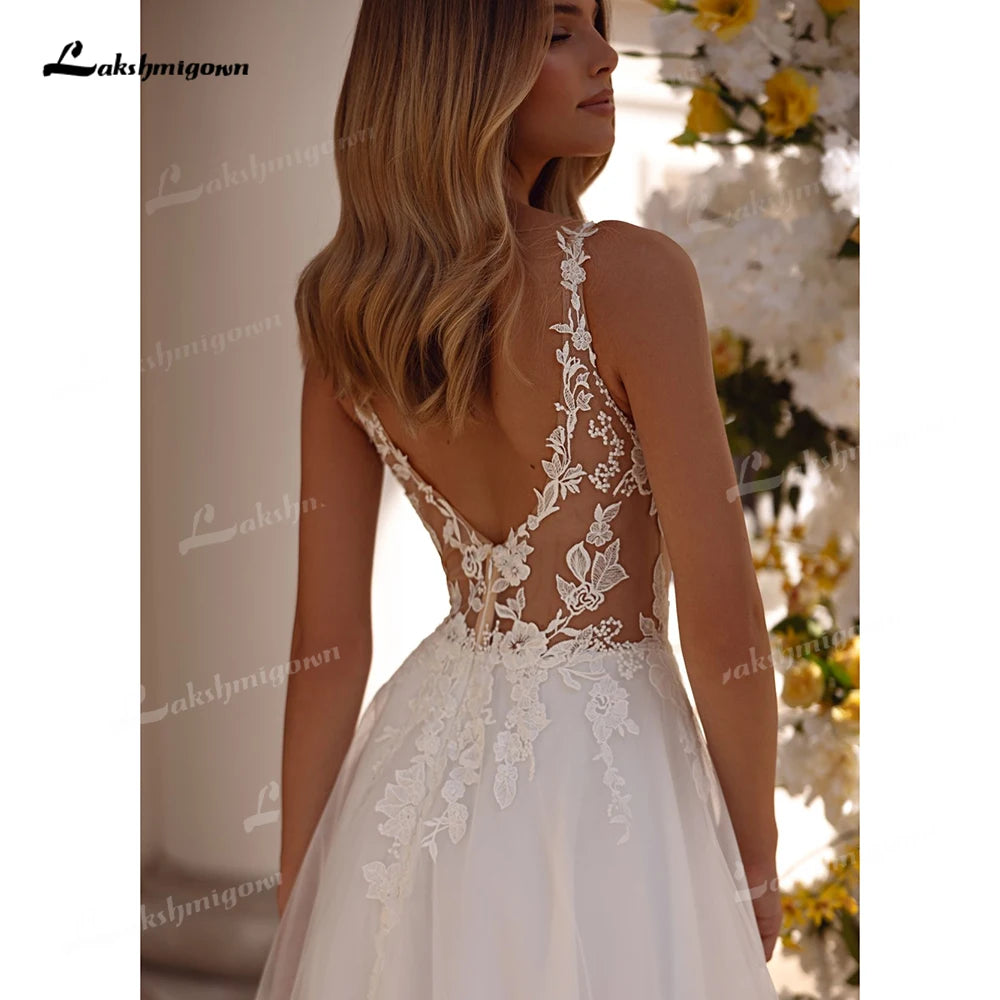Robe de mariée romantique en tulle, coupe trapèze, avec bretelles spaghetti en dentelle et appliques en dentelle, personnalisable