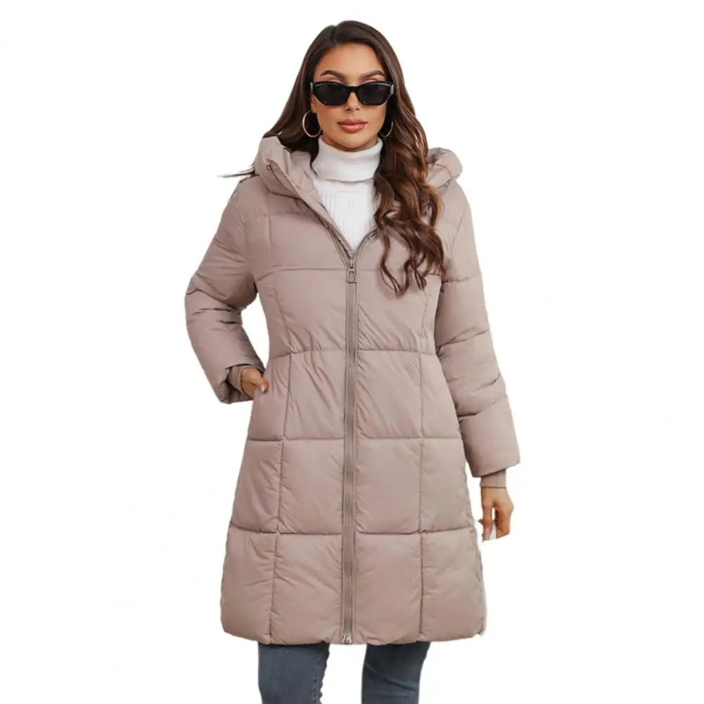 Veste d'hiver longue à capuche pour femme, manteau d'hiver matelassé et épais avec capuche, taille ajustée, longueur mi-longue