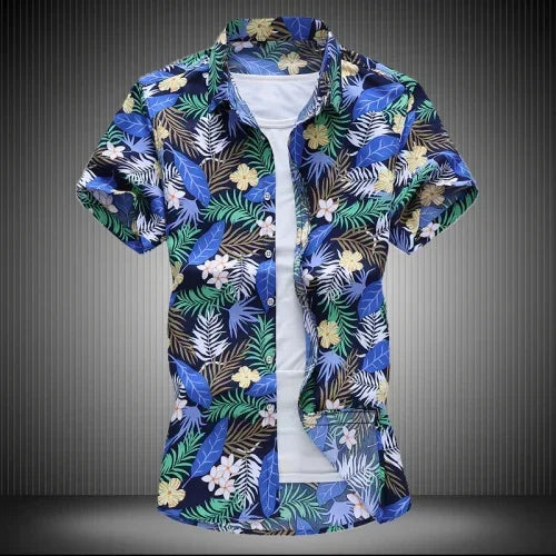 Chemise imprimée pour hommes, chemises de plage à manches courtes col carré simple boutonnage noir violet Camisa taille asiatique M-7XL