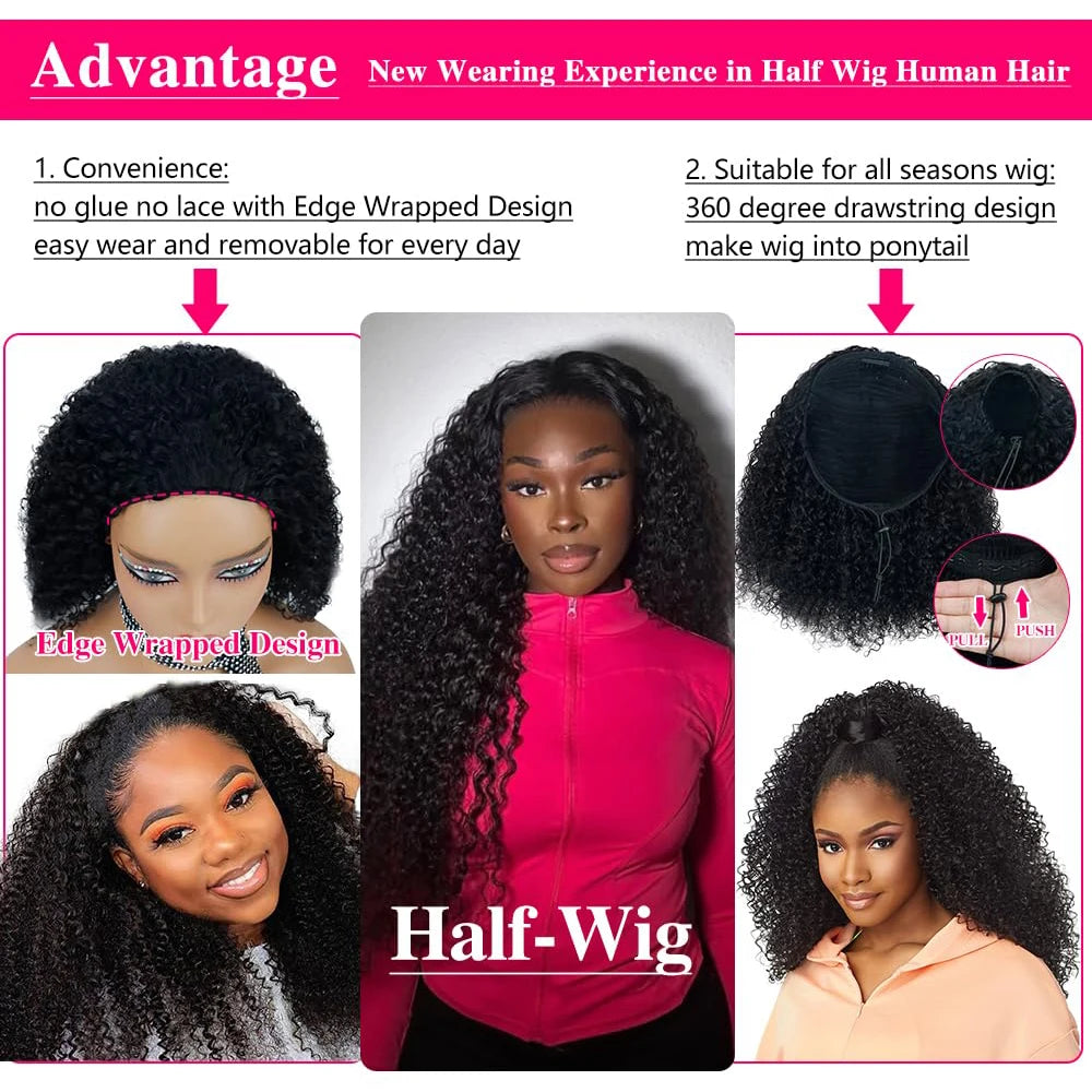 Demi-perruque bouclée profonde cheveux humains sans colle perruque cheveux humains prêt à porter 3 en 1 demi-perruque cordon Jerry bouclés demi-perruque sans colle