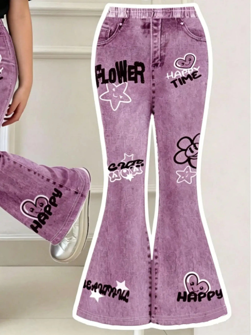 Tenue d'été décontractée pour filles : haut noir à manches courtes avec imprimé visage souriant + pantalon évasé violet avec imprimé anglais, ensemble deux pièces adapté aux enfants de 3 ans et plus, vêtements pol