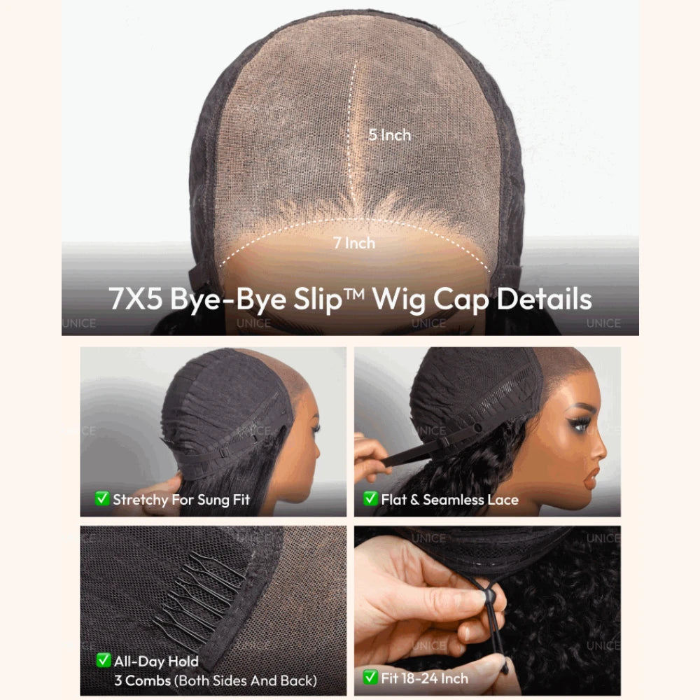 Perruque bouclée birmane UNice avec frange et pointes à boucles fines 7x5, perruque en cheveux humains sans colle Bye-Bye Slip Lace, prête à l'emploi, densité 150%