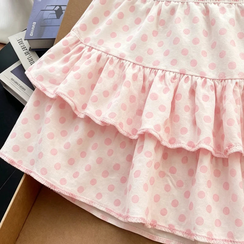 Jupe à pois rose style Harajuku douce et fraîche, double volant, coupe trapèze, polyvalente et basique pour jeune fille.