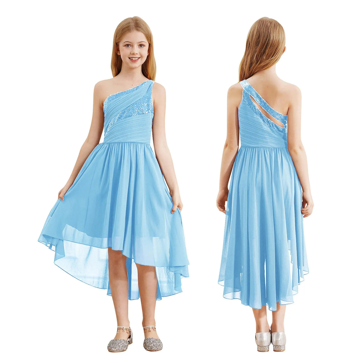 Robe d'été en mousseline de soie pour filles, tenue de princesse à paillettes, asymétrique épaule dénudée, sans manches, robe Maxi de demoiselle d'honneur junior, robes de fête de mariage