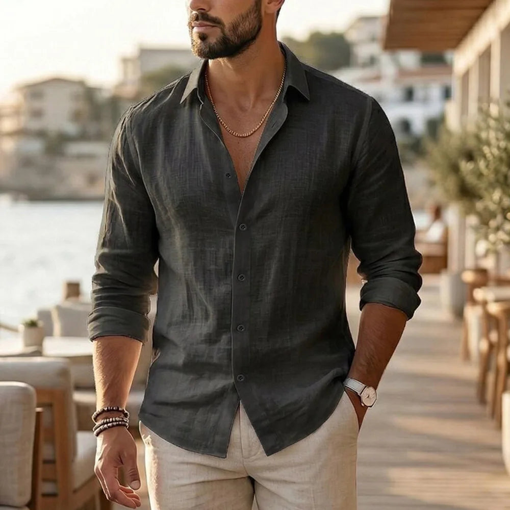 Chemise à manches longues pour hommes, en coton et lin, confortable, légère, style vacances, coupe ample, col à revers, chemises décontractées pour tous les jours