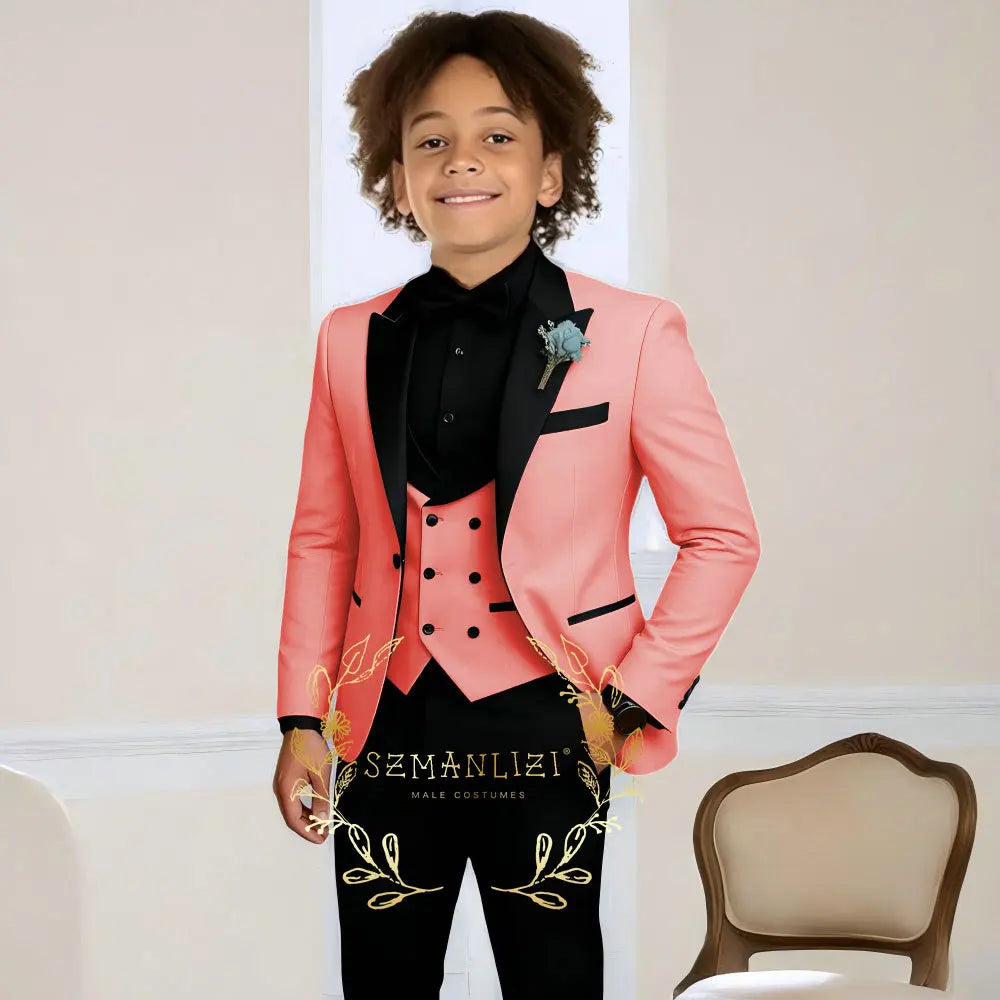Costume de smoking de mariage pour garçons, 3 pièces, veste à col à visière, pantalon, gilet, ensemble Blazer formel pour enfant, tenue cintrée, costume garcon mariage
