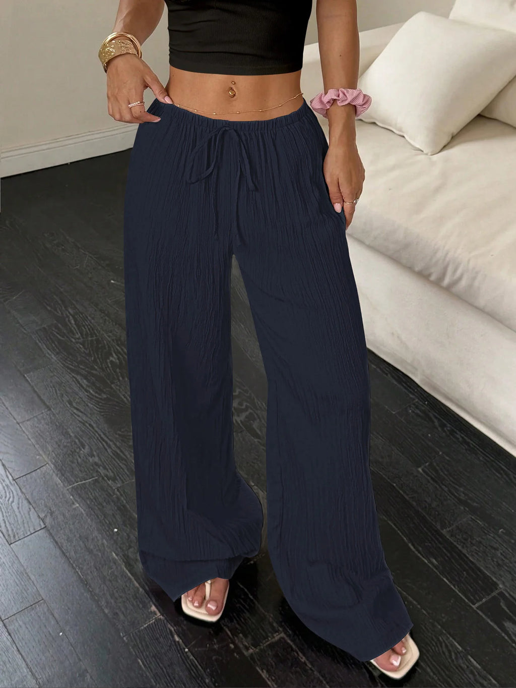 Pantalon large plissé bohème pour femme, pantalon ample à taille haute