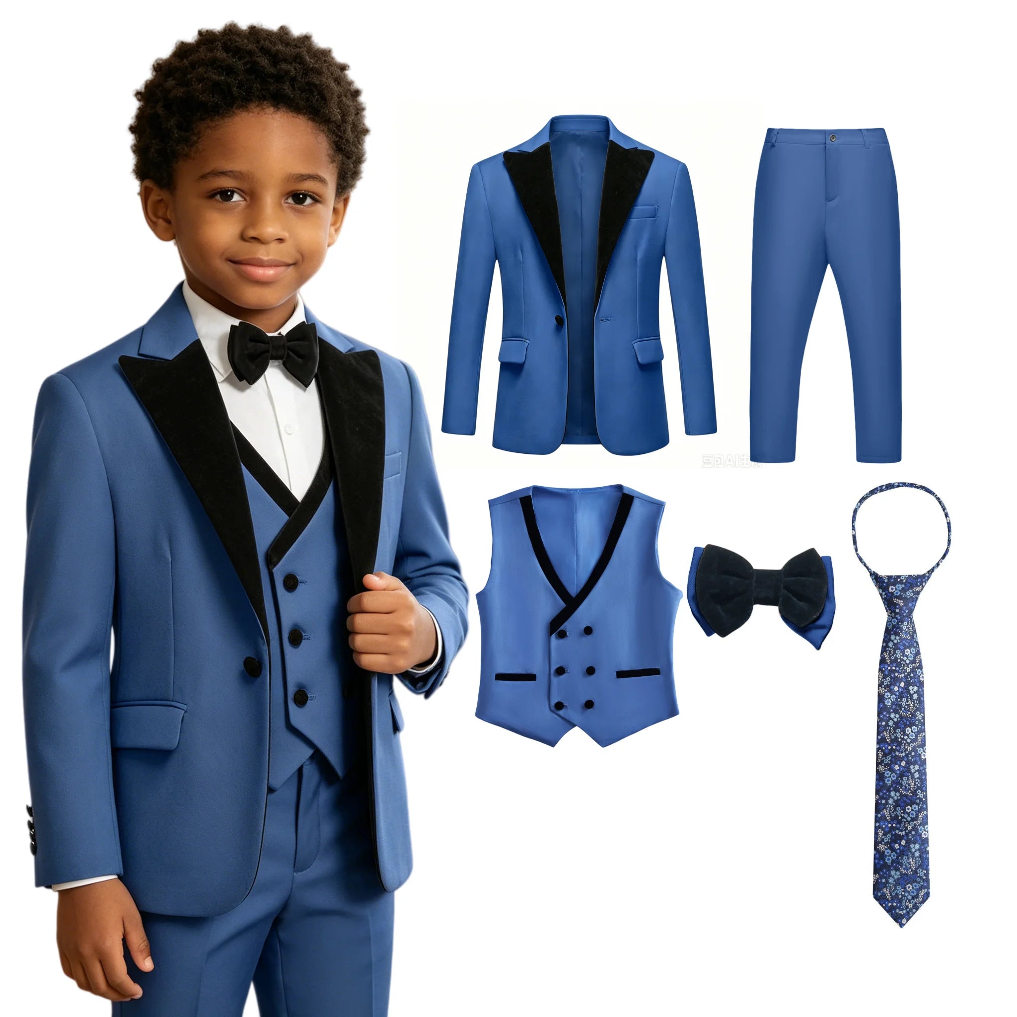 Boys Formal Suit Set 5Pcs Blazer Vest Pants Bow Tie Necktie Kids Wedding Party Tuxedo 3T-14T Children Birthday Page Boy Outfit