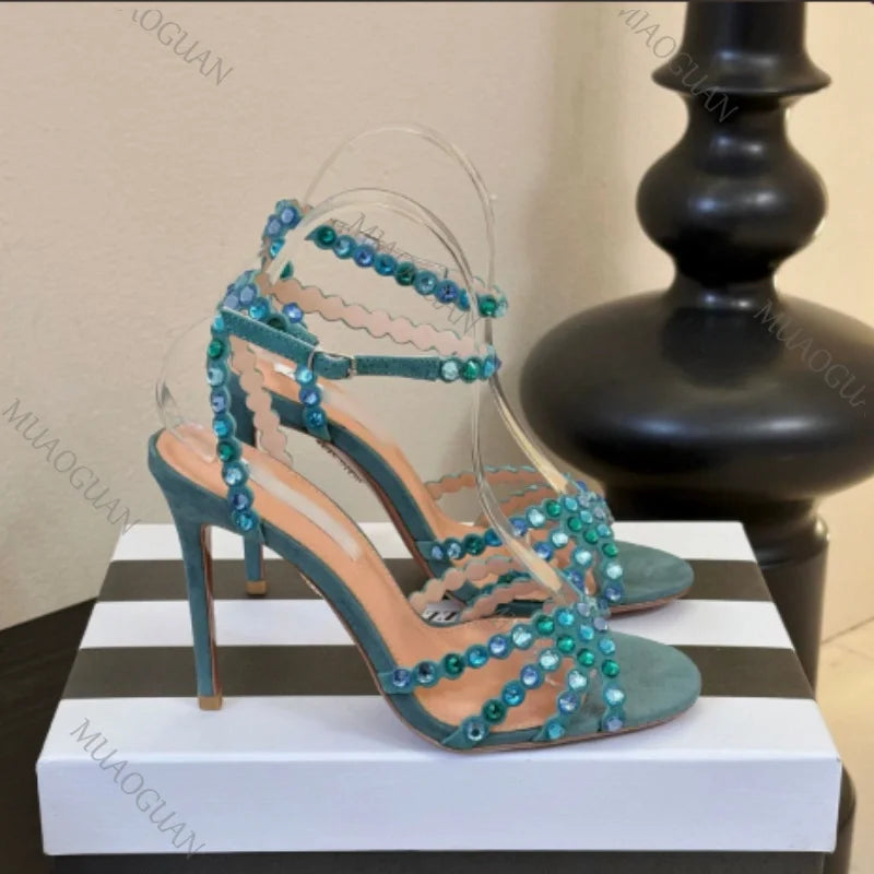 Sandales à talons hauts pour femmes, charmantes, avec strass transparents, chaussures de soirée, chaussures de mariage, chaussures à talons aiguilles, chaussures en cristal, chaussures de banquet, grandes tailles 34-42
