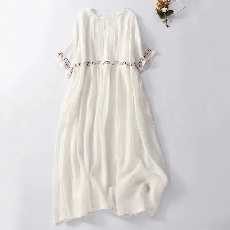 Robe d'été pour femme grande taille, brodée, coupe ample, style A-line évasé, décontractée, mi-longue, pour l'extérieur