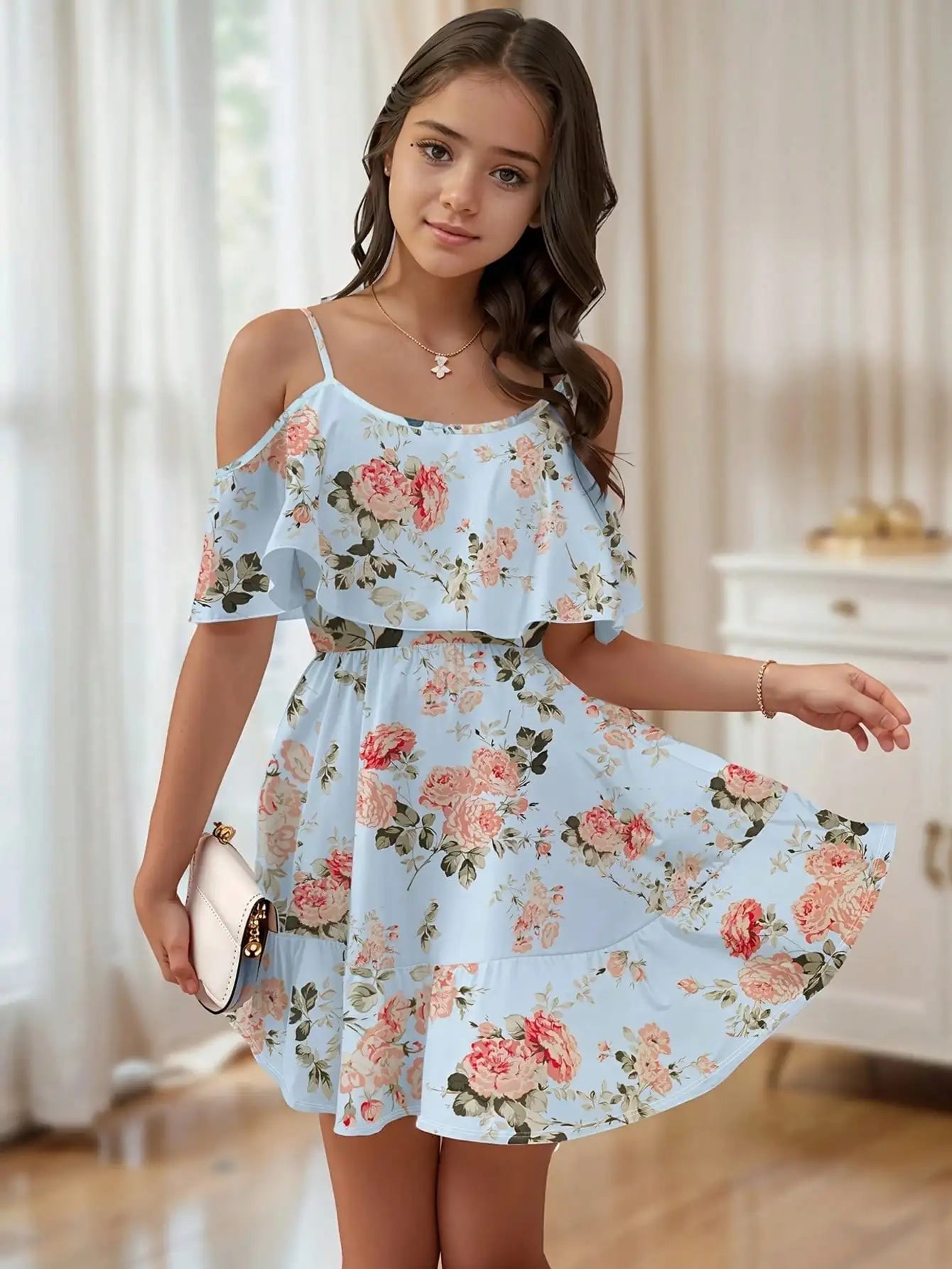 Combinaison d'été sans manches à imprimé feuilles pour fille - Mélange de polyester extensible décontracté, design épaules dénudées, longueur genou, jupe de plage