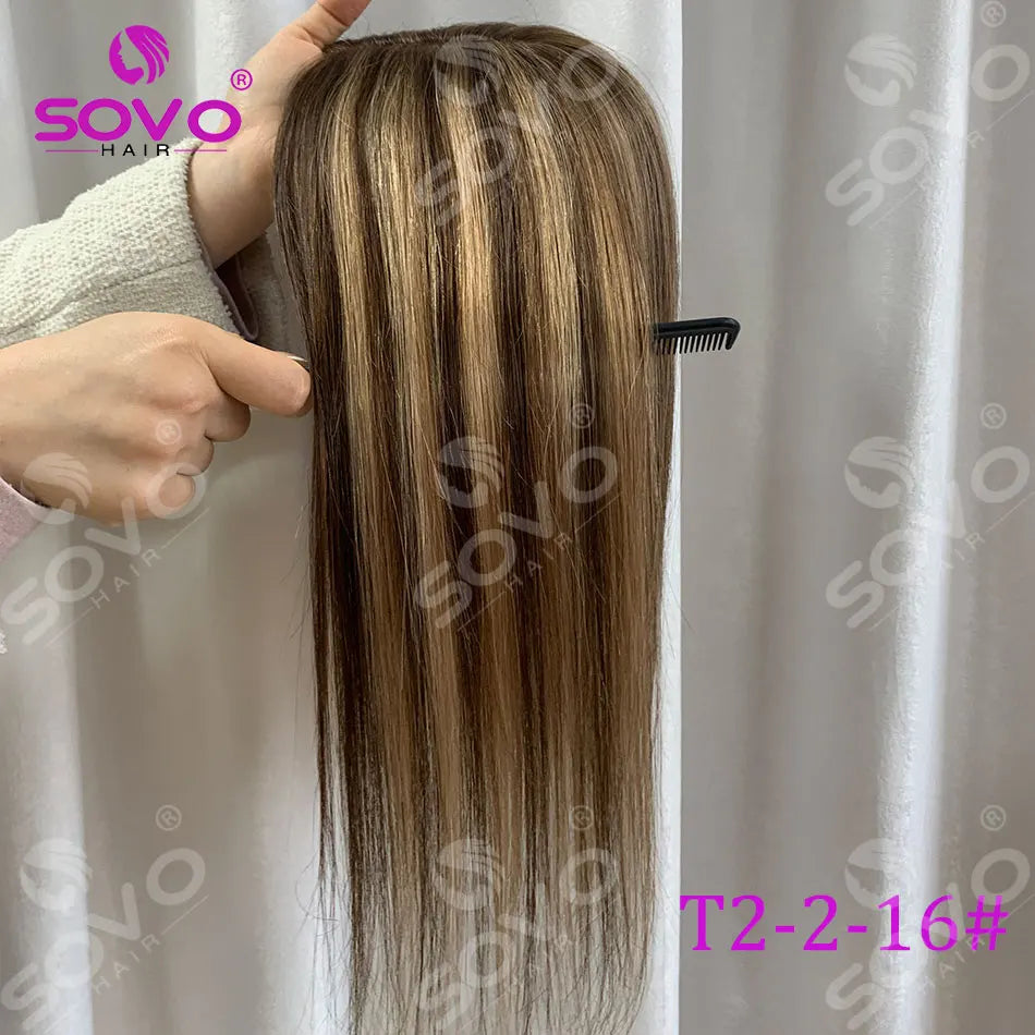 Topper de cheveux humains lisses avec mèches pour femmes 10x12CM, postiche à base de peau avec 4 clips, cheveux humains véritables respirants