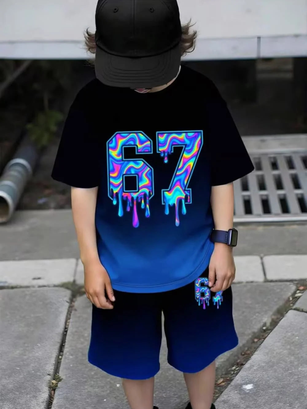 Ensemble 2 pièces pour enfants : T-shirt à manches courtes et short imprimé chiffres 6 et 7, style 'Brainrot' italien amusant, pour garçons