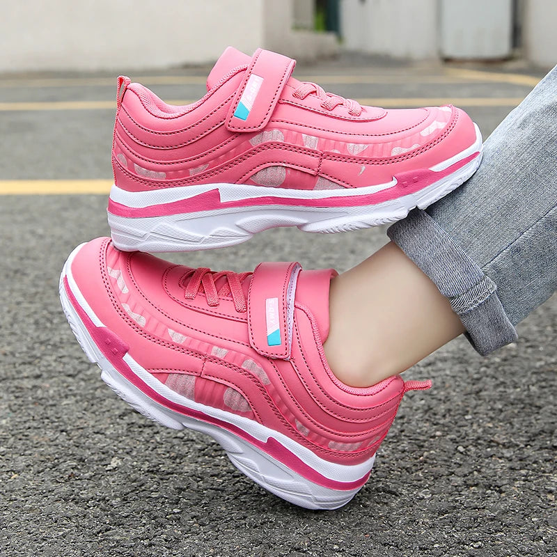 Chaussures de sport imperméables pour filles, baskets décontractées en cuir, roses, respirantes, coordonnantes, légères, à la mode, pour enfants