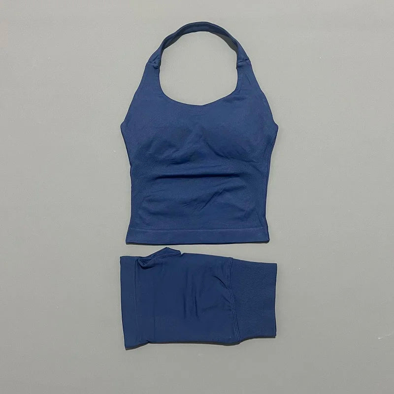 Ensemble de sport 2 pièces pour femme : débardeur long à bretelles rembourré et short de sport sans couture pour le yoga, le fitness et la course à pied
