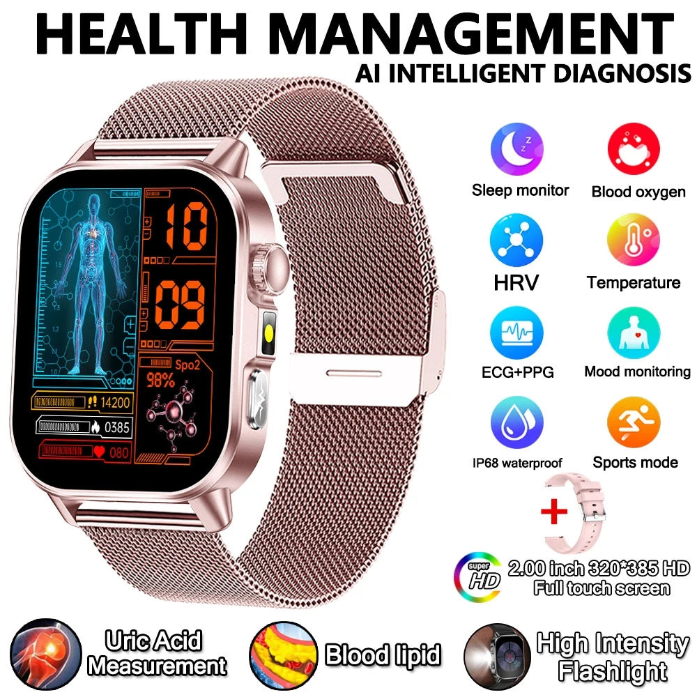 Montre connectée pour hommes et femmes, nouveau modèle d'analyse de la santé des acides uriques et des lipides, ECG + PPG, appel Bluetooth, lampe de poche 2026 pouces, 2.021
