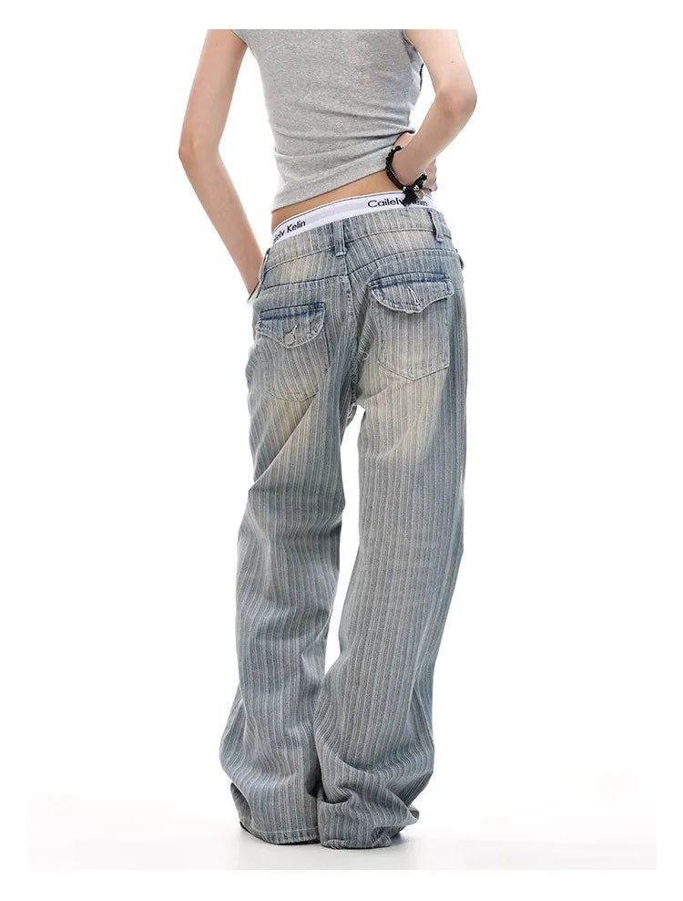 Jean en Denim détresse rayé drapeau américain Vintage, coupe ample, pantalon Micro évasé pour hommes et femmes, Style décontracté