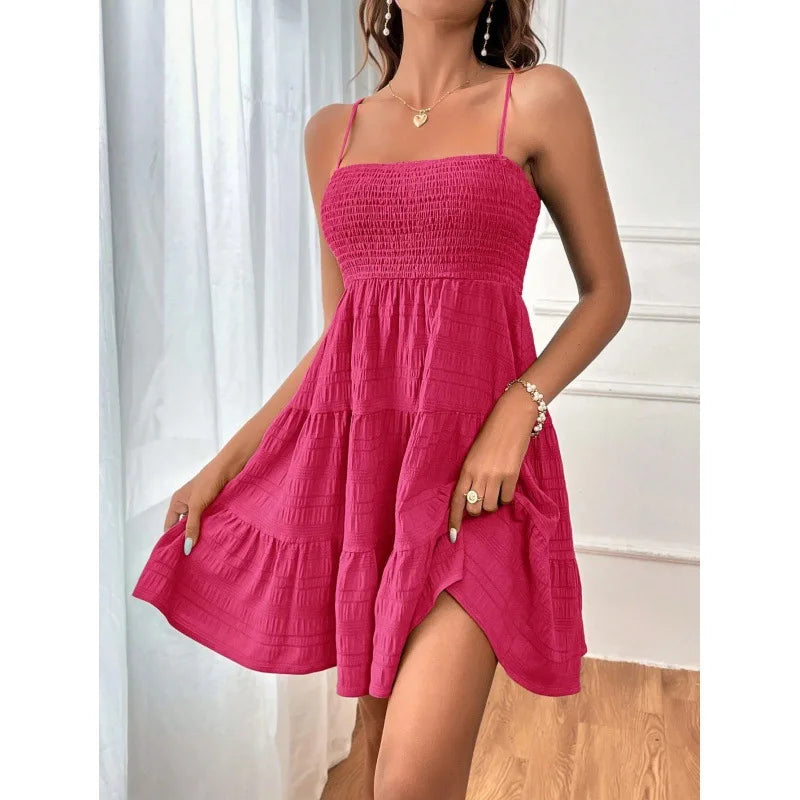 Mode femme Spaghetti sangle smocké Bustier Mini robe bleu à volants à plusieurs niveaux robe trapèze été décontracté vacances vêtements de plage