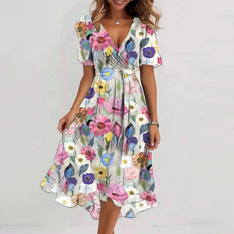 Robe de soirée bohème élégante à imprimé floral, col en V, manches courtes, longueur genou, Vestidos BKLFZ-1616