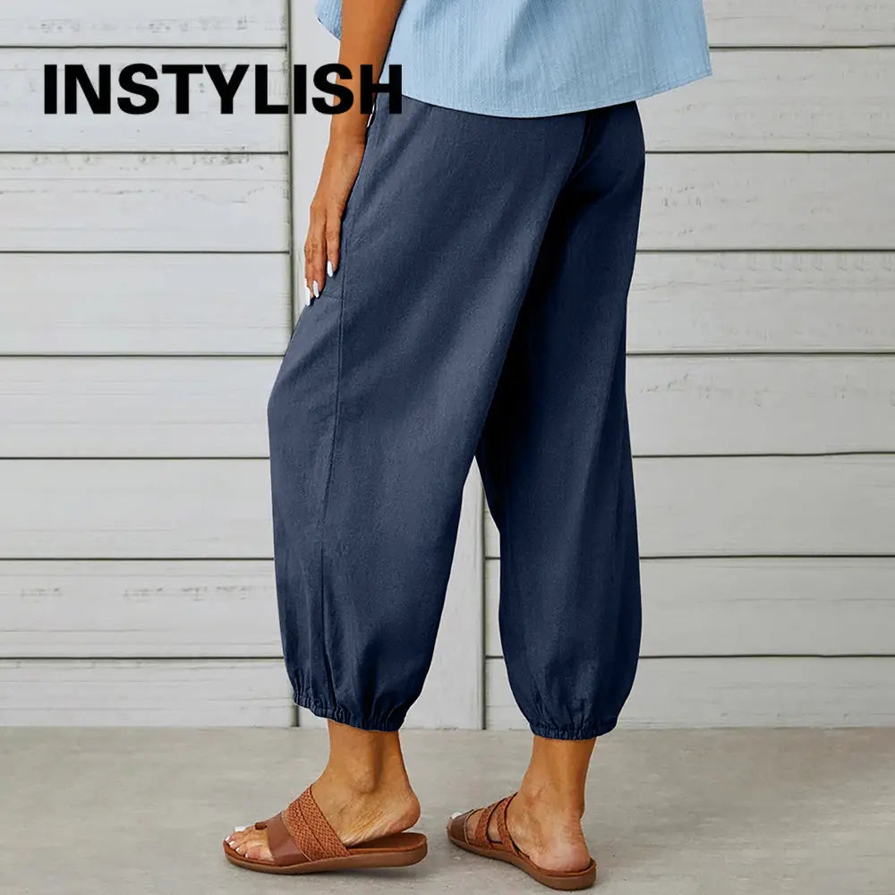 Pantalon en coton et lin pour femmes, couleur unie, taille élastique, ample, droit, Harajuku, taille haute, jambes larges, automne 2023