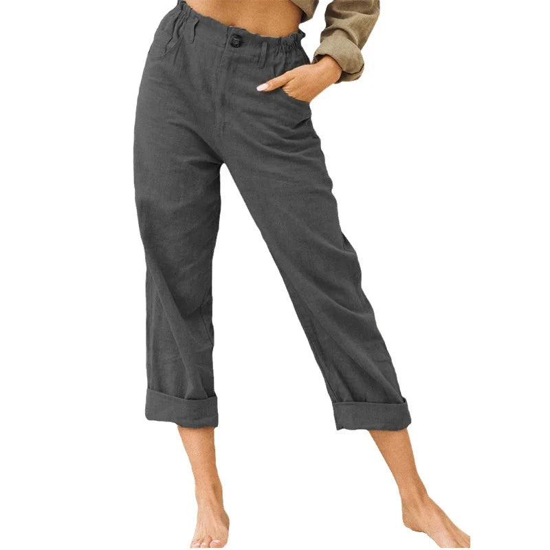 Pantalon court en lin mélangé style bohème 2026 pour femme, taille haute élastique, braguette boutonnée, ourlet retroussé, avec poches latérales