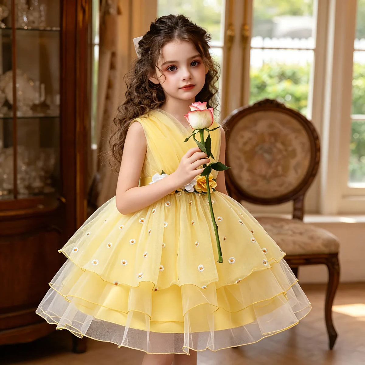 Robe de princesse pour enfants, robe de spectacle pour filles, jaune fleuri, super féerique, sans manches