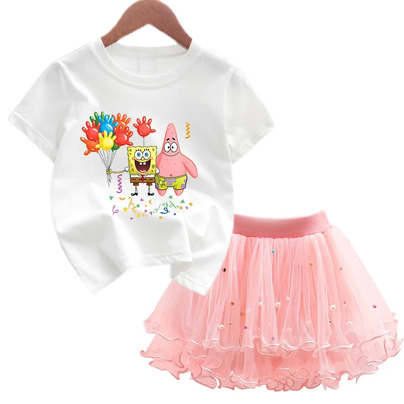 Robe Bob l'éponge pour filles, vêtements d'anniversaire pour enfants, robe de princesse de fête, T-shirt + jupe Tutu, cadeau de soirée d'été, 2 pièces/ensemble